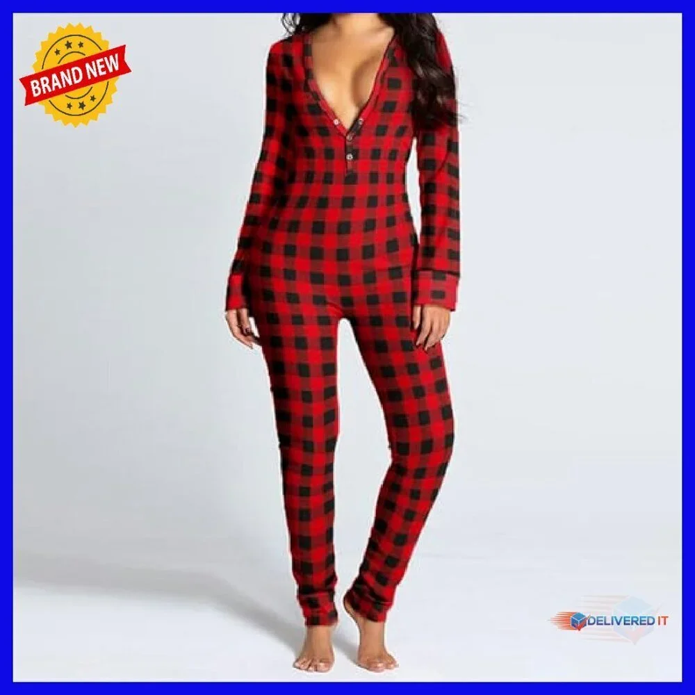Women's Long Sleeve V-Neck Jumpsuit Pajamas with Drop Seat Butt Flap